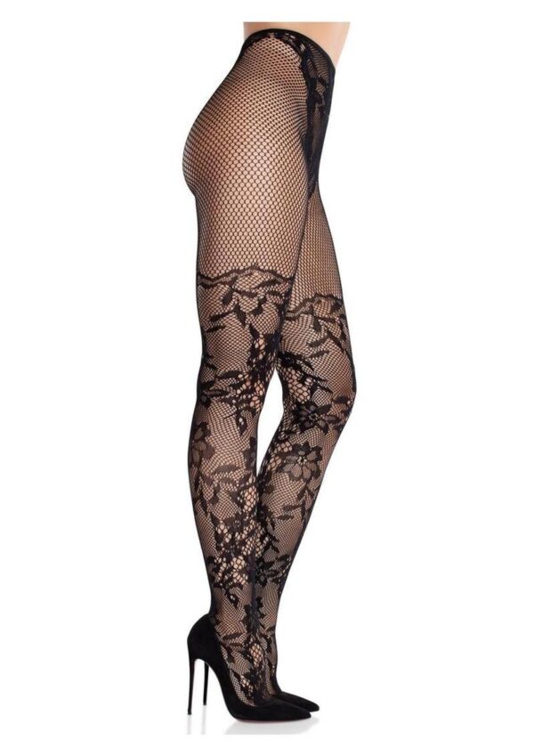 Leg Avenue French Cut Dahlia Lace Tights with Net Thigh Detail - Black - O/S - Image 2