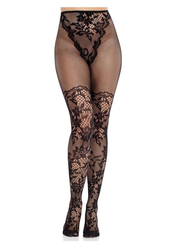 Leg Avenue French Cut Dahlia Lace Tights with Net Thigh Detail - Black - O/S - Image 4