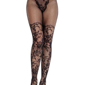 Leg Avenue French Cut Dahlia Lace Tights with Net Thigh Detail - Black - O/S