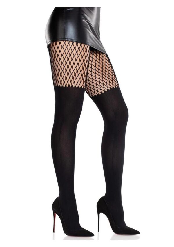 Leg Avenue Seamless Opaque Garter Illusion Tights with Net Thigh Detail - Black - O/S - Image 2