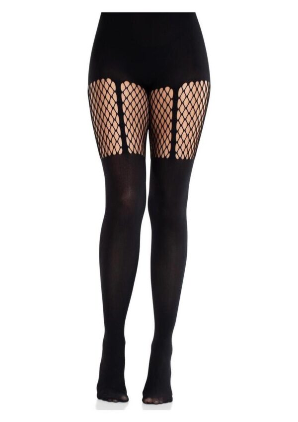 Leg Avenue Seamless Opaque Garter Illusion Tights with Net Thigh Detail - Black - O/S - Image 4