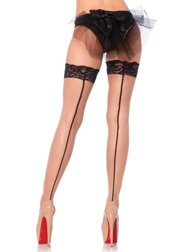 Leg Avenue Stay Up Lace Top Backseam Fishnet Thigh High - OS - Nude/Black
