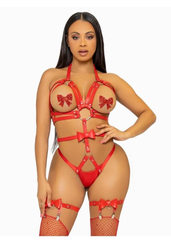 Leg Avenue Convertible Vegan Leather O-Ring Studded Harness Teddy with Panty-Straps, and Bow - Medium - Red