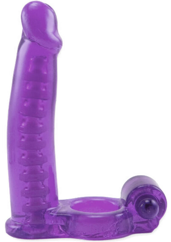 Double Penetrator Vibrating Cock Ring with Bendable Dildo - Purple - Image 2