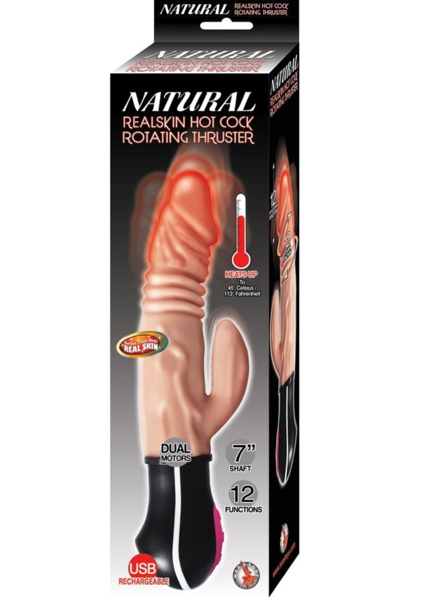Natural Realskin Hot Cock Rotating Thruster Rechargeable Warming Rabbit Vibrator - Vanilla
