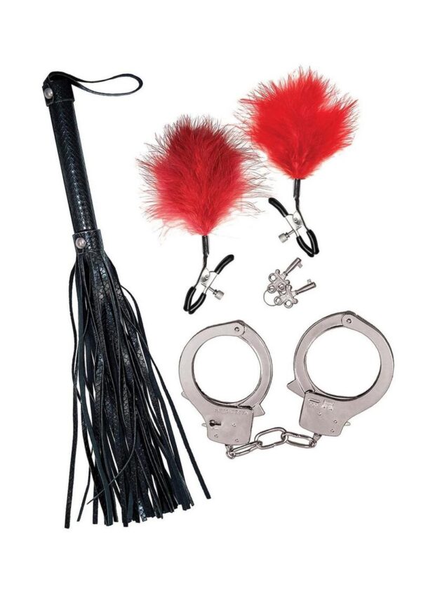 Nasstoys Bondage Whip Feather Clamps and Cuffs Kit - Red - Image 3