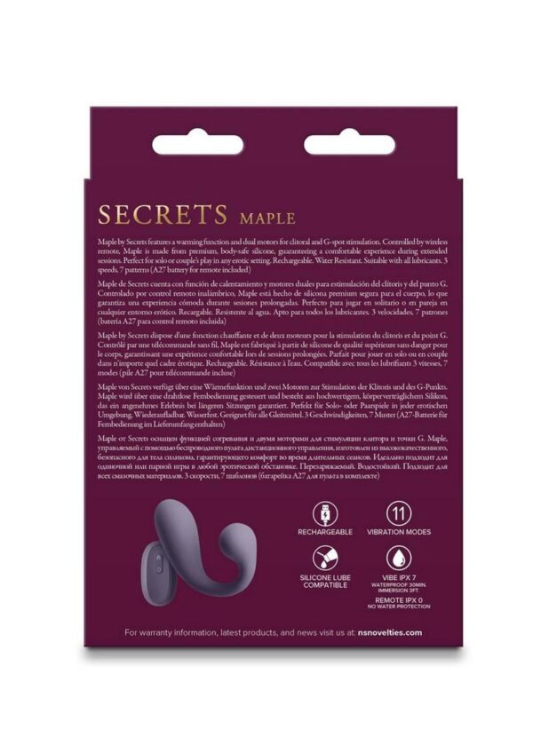 Secrets Maple Rechargeable Silicone G-Spot Warming Vibrator with Clitoral Stimulation  and Remote Control - Purple - Image 4