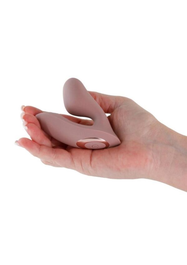 Desire Demure Rechargeable Silicone Wearable Dual Motor Vibrator with Clitoral Stimulator - Caramel - Image 3