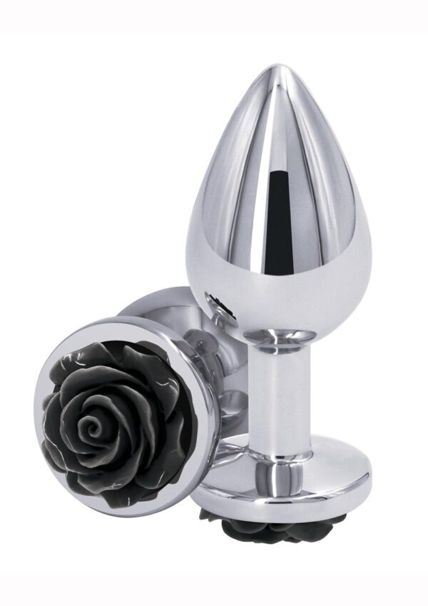 Rear Assets Rose Aluminum Anal Plug - Medium - Black/Silver - Image 2