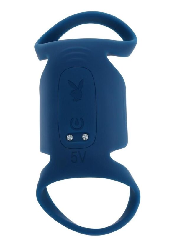 Playboy Jet Pack Rechargeable Silicone Vibrating Double Cock Ring - Blue - Image 2