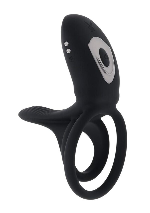 Playboy Just Right Rechargeable Silicone Dual Vibrating Cock Ring with Clitoral Stimulator- Black - Image 2