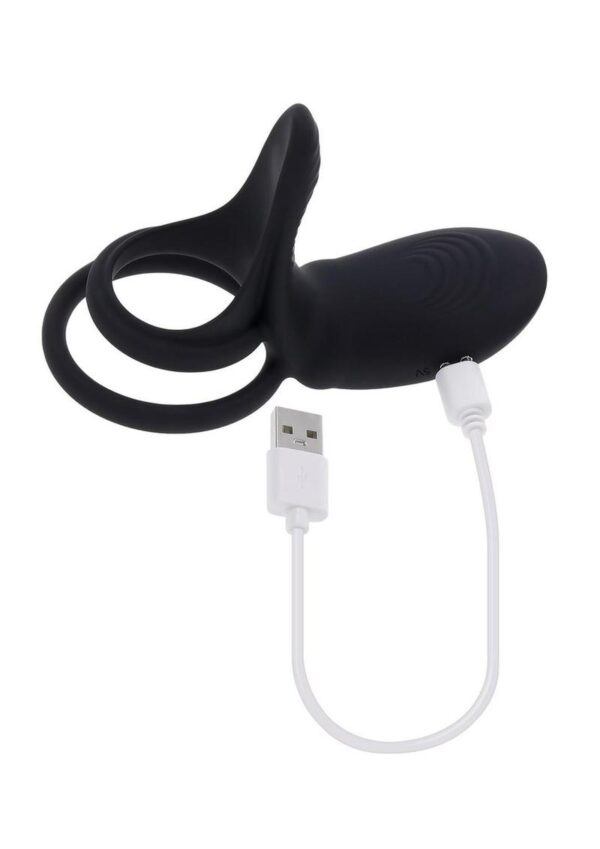 Playboy Just Right Rechargeable Silicone Dual Vibrating Cock Ring with Clitoral Stimulator- Black - Image 3