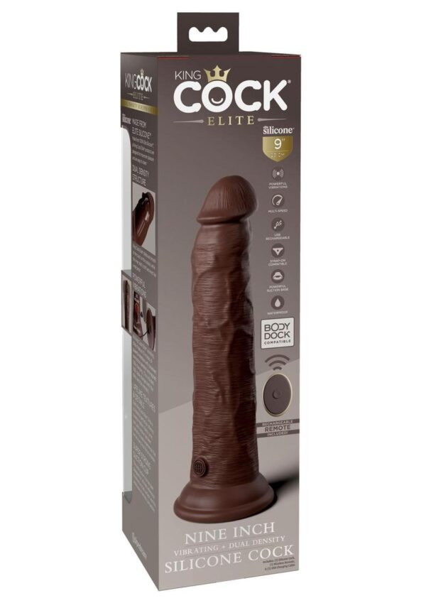 King Cock Elite Dual Density Vibrating Rechargeable Silicone Dildo with Remote Control 9in - Chocolate - Image 4