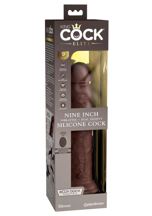 King Cock Elite Dual Density Vibrating Rechargeable Silicone Dildo with Remote Control 9in - Chocolate
