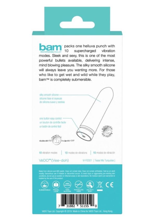 VeDO Bam Rechargeable Silicone Bullet Vibrator - Tease Me Turquoise - Image 4