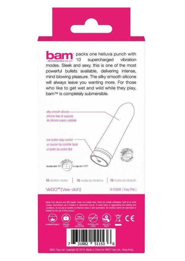 VeDO Bam Rechargeable Silicone Bullet Vibrator - Foxy Pink - Image 4