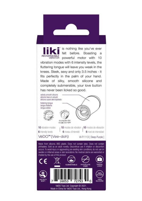 VeDO Liki Rechargeable Silicone Flicker Clitoral Vibrator - Deep Purple - Image 4
