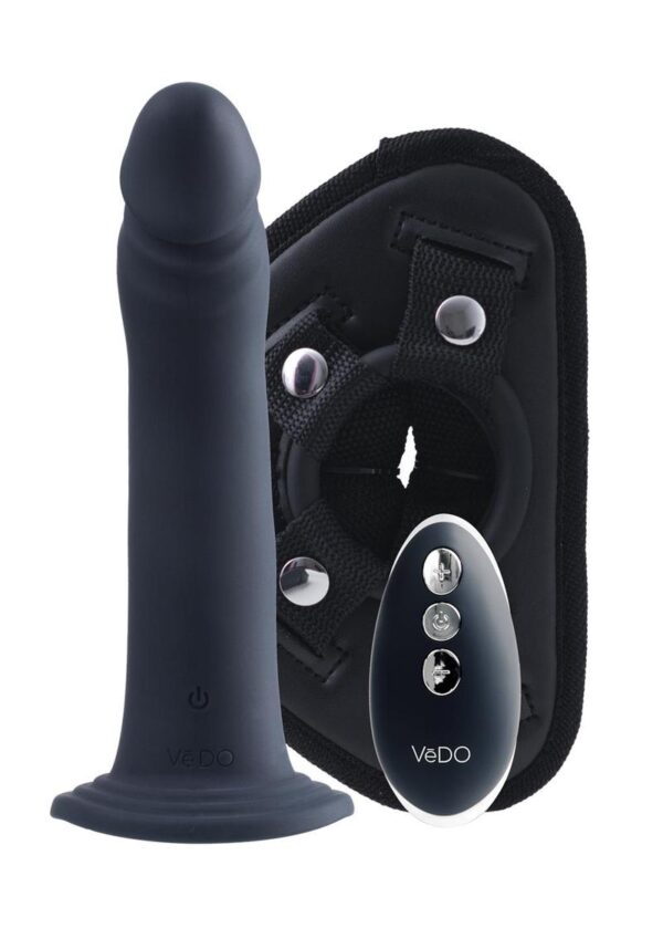 VeDO Diki Rechargeable Silicone Vibrating Dildo with Harness and Remote Control - Just Black - Image 2