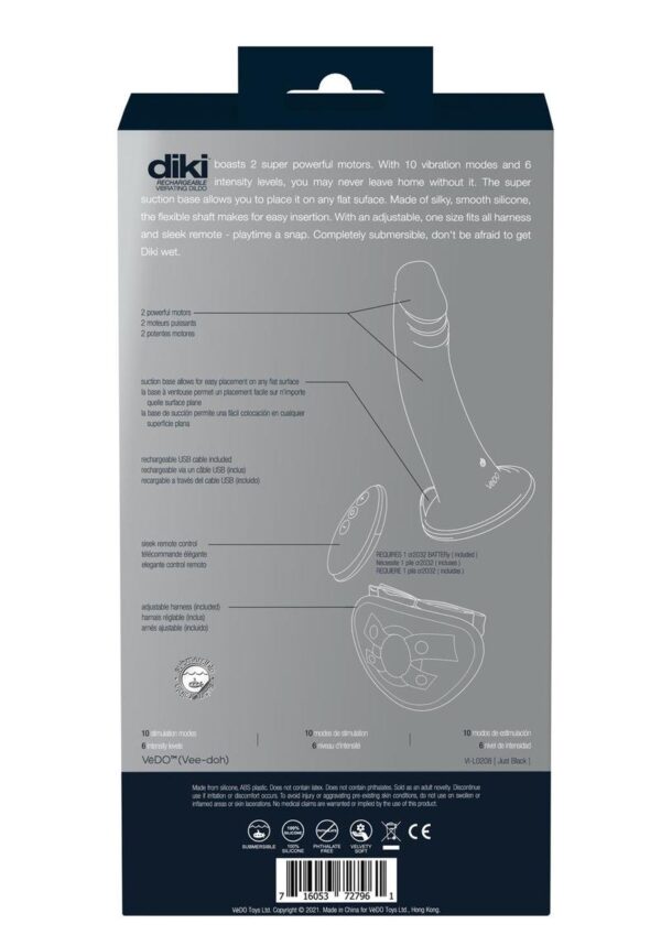 VeDO Diki Rechargeable Silicone Vibrating Dildo with Harness and Remote Control - Just Black - Image 4