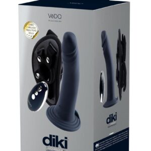 VeDO Diki Rechargeable Silicone Vibrating Dildo with Harness and Remote Control - Just Black