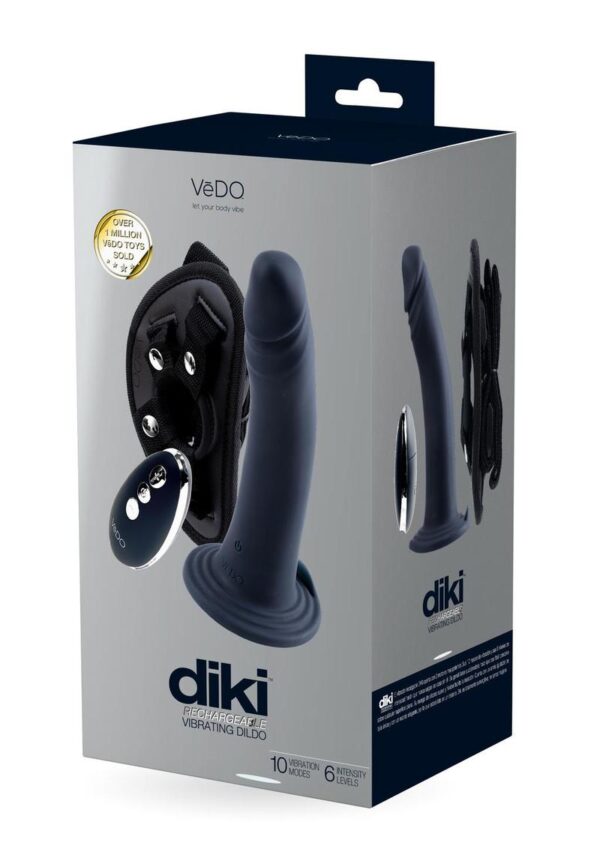 VeDO Diki Rechargeable Silicone Vibrating Dildo with Harness and Remote Control - Just Black
