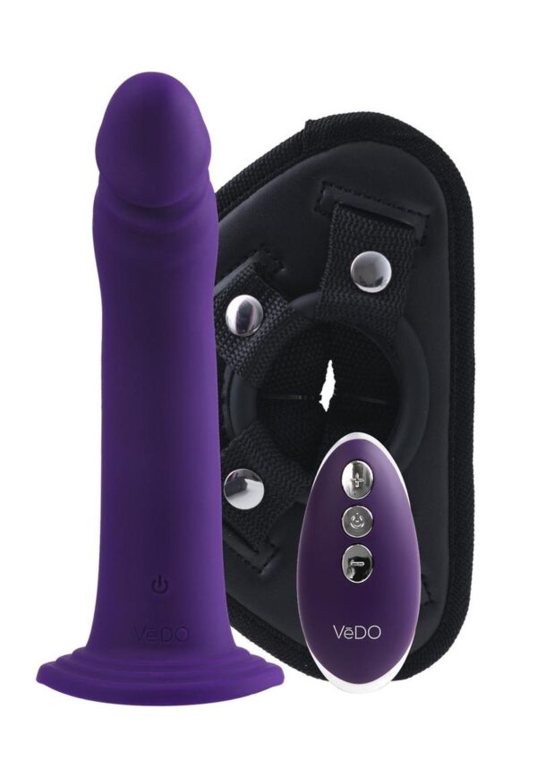 VeDO Diki Rechargeable Silicone Vibrating Dildo with Harness and Remote Control - Deep Purple - Image 2