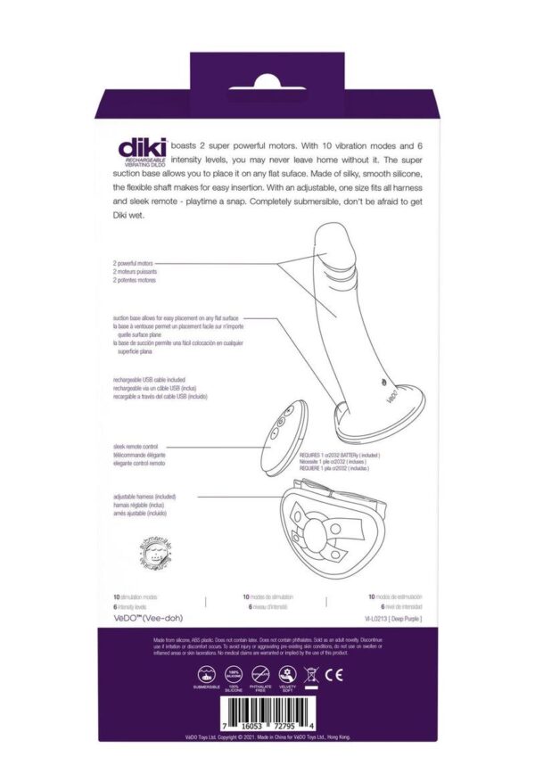 VeDO Diki Rechargeable Silicone Vibrating Dildo with Harness and Remote Control - Deep Purple - Image 4