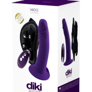 VeDO Diki Rechargeable Silicone Vibrating Dildo with Harness and Remote Control - Deep Purple