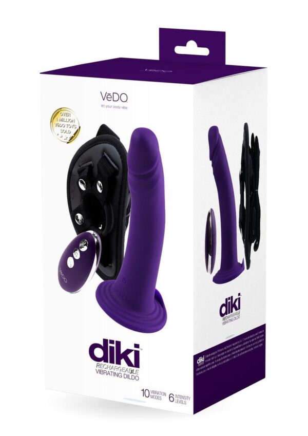 VeDO Diki Rechargeable Silicone Vibrating Dildo with Harness and Remote Control - Deep Purple