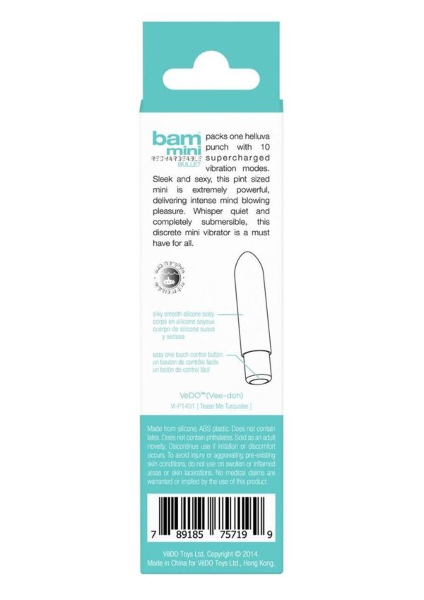 VeDO Bam Mini Rechargeable Silicone Bullet Vibrator - Tease Me Turquoise - Image 4