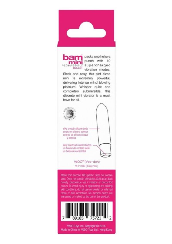VeDO Bam Mini Rechargeable Silicone Bullet Vibrator - Foxy Pink - Image 4