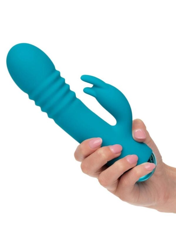Thicc Chubby Thrusting Tickler Rechargeable Silicone Rabbit Vibrator- Blue - Image 4