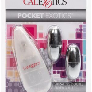 Pocket Exotics Vibrating Double Silver Bullets with Wired Remote Control - Silver