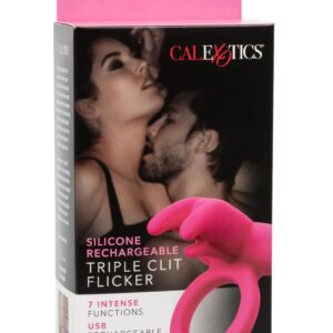 CalExotics Silicone Rechargeable Triple Clit Flicker Cock Ring - Pink