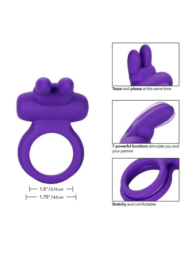 Silicone Rechargeable Dual Rockin Rabbit Multi Speed Cockring Waterproof - Purple - Image 4