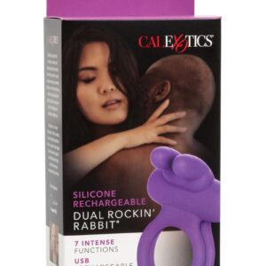 Silicone Rechargeable Dual Rockin Rabbit Multi Speed Cockring Waterproof - Purple