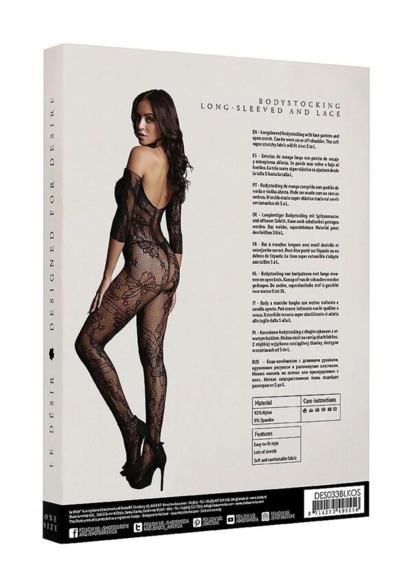 Le Desir Lace Sleeved Bodystocking - O/S - Black - Image 4