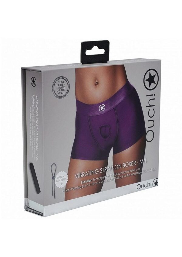 Ouch! Vibrating Strap-On Boxer with Rechargeable Bullet - M/L - Purple