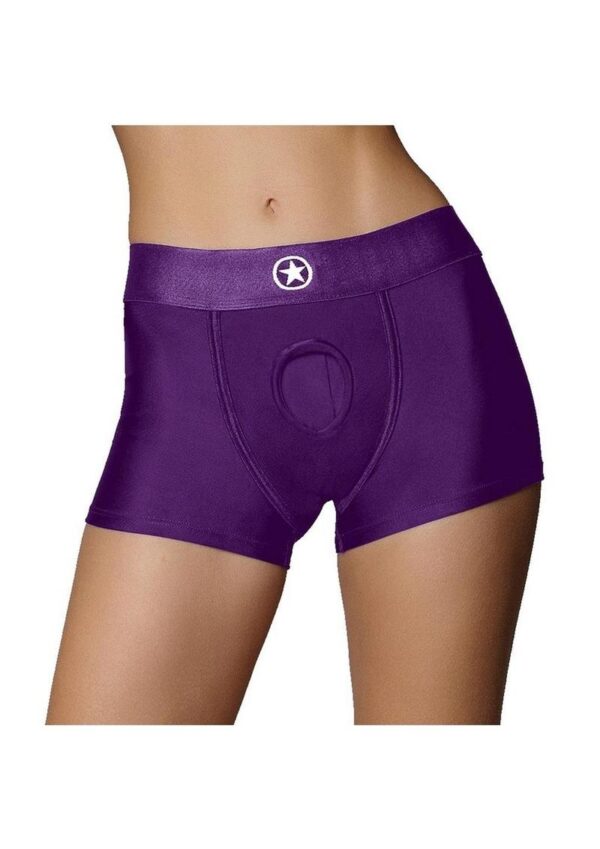 Ouch! Vibrating Strap-On Boxer with Rechargeable Bullet - XS/SM - Purple - Image 2