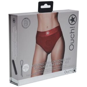 Ouch! Vibrating Strap-On Thong with Rechargeable Bullet - XS/SM - Red