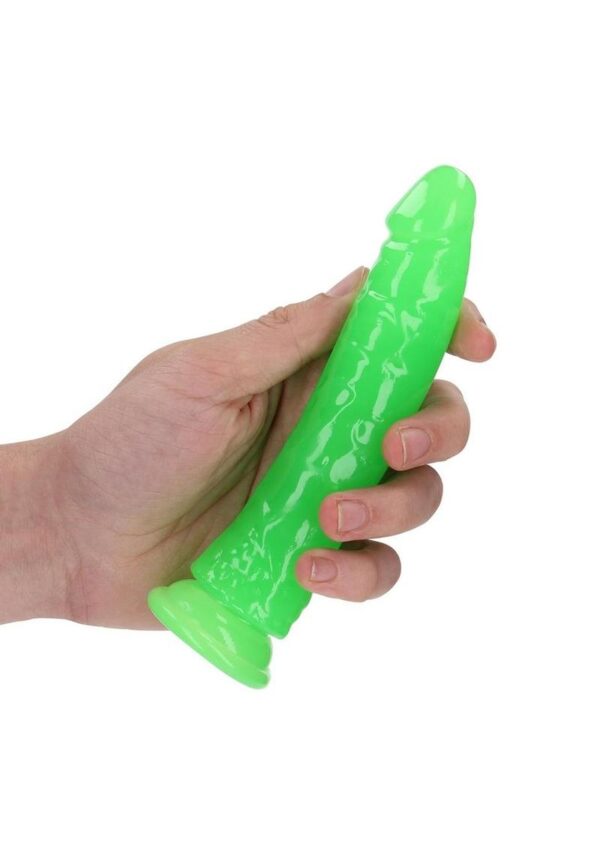 RealRock Slim Glow in the Dark Dildo with Suction Cup 6in - Green - Image 4