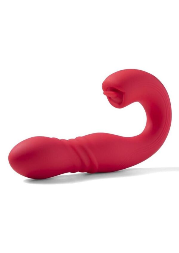 Joi Thrust 2 Pressure Sensing App Controlled Thrusting G-spot Silicone Rechargeable Vibrator and Tongue Clit Licker - Red/Gold - Image 2