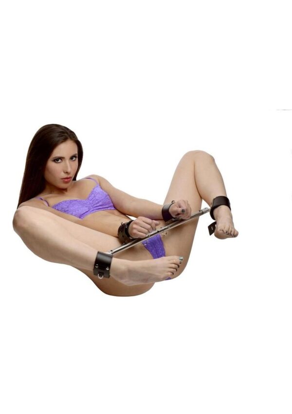Strict Leather Adjustable Swiveling Spreader Bar with Leather Cuffs - Silver/Black - Image 4