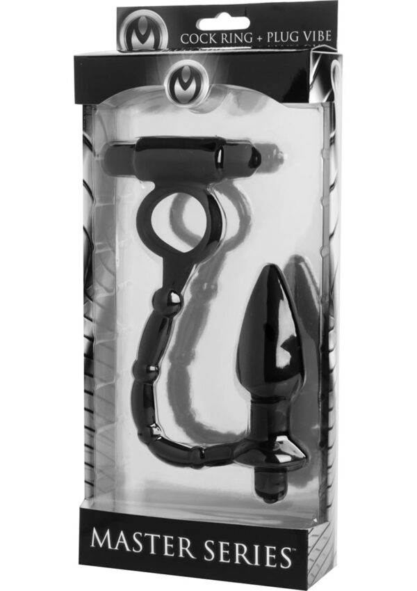 Master Series Viaticus Dual Vibrating Cock Ring and Vibrating Anal Plug - Black