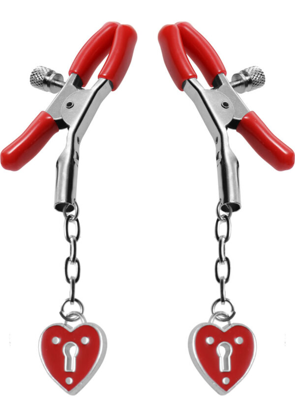 Master Series - Crimson Tied Charmed Heart Padlock Nipple Clamps - Red - Image 2