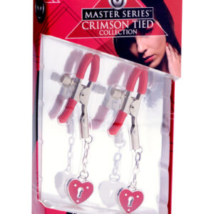 Master Series - Crimson Tied Charmed Heart Padlock Nipple Clamps - Red