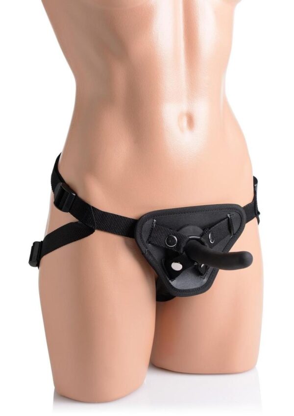 Strap U Pegged Silicone 5in Pegging Dildo with Harness - Black - Image 3