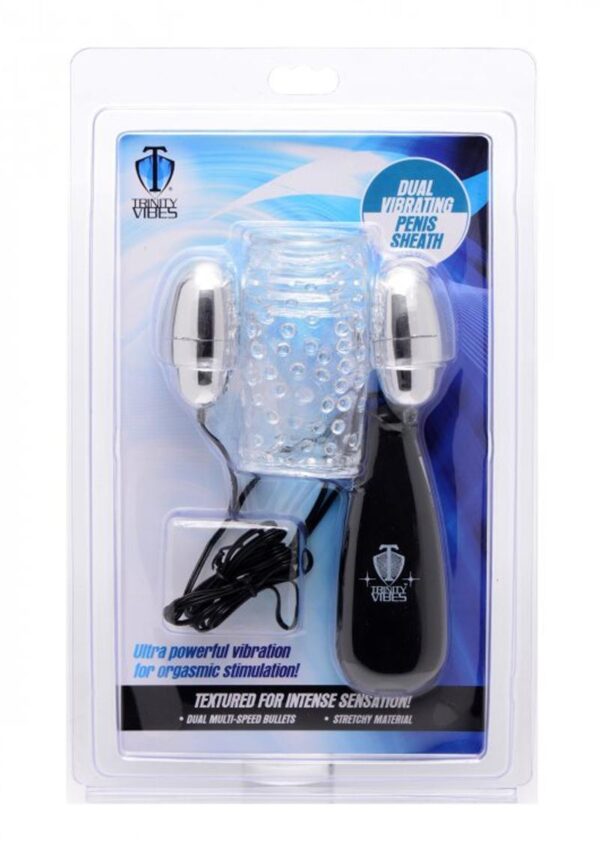 Trinity Men Dual Vibrating Penis Sheath with Wired Remote Control - Clear