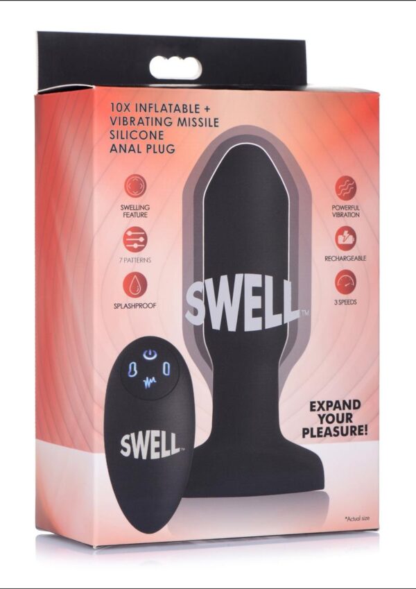 Swell Inflatable Rechargeable Silicone Vibrating Missile Anal Plug with Remote Control - Black