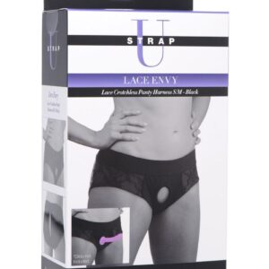 Strap U Lace Envy Black Crotchless Panty Harness - S/M - Black